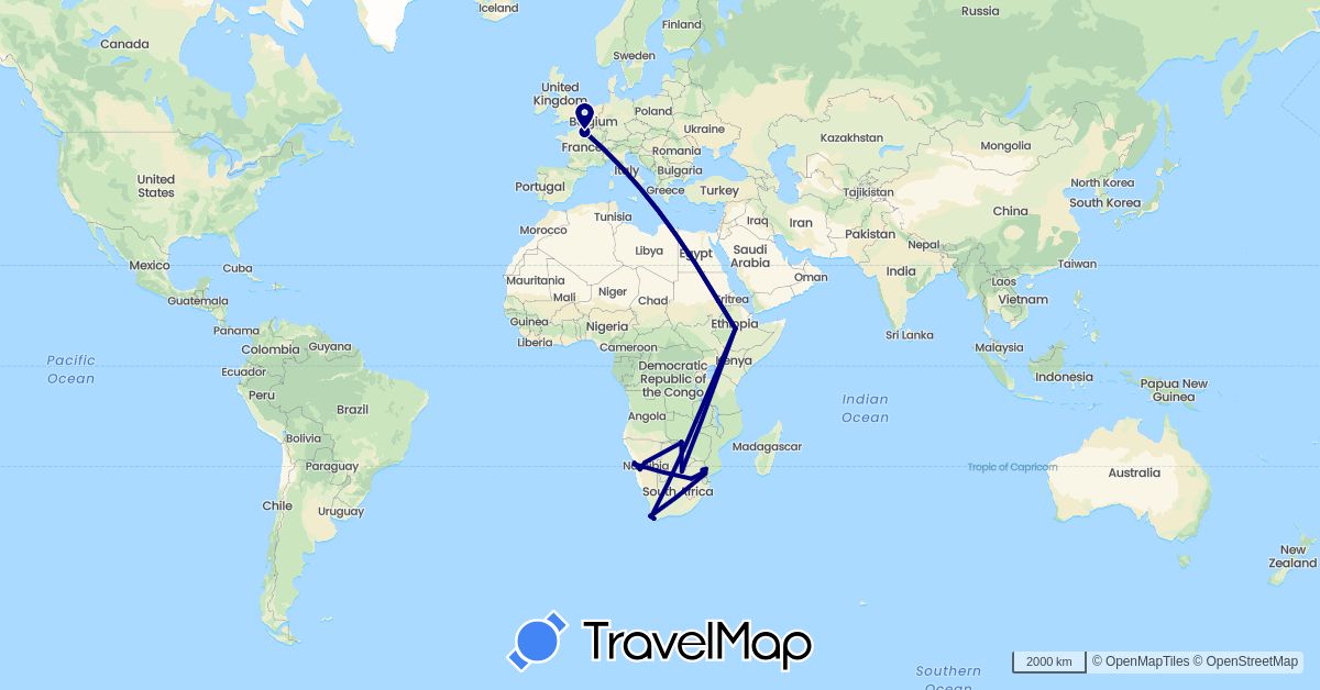 TravelMap itinerary: driving in Botswana, Ethiopia, France, Namibia, South Africa, Zimbabwe (Africa, Europe)